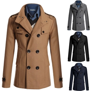 Men's slim fit double breasted wool coat with lapel collar in four classic colors