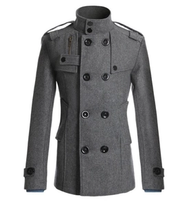 Slim fit men's dark gray wool coat with double-breasted buttons and standing collar