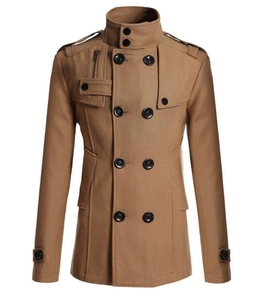 Slim fit men's mid-length wool coat in classic camel color with zipper details