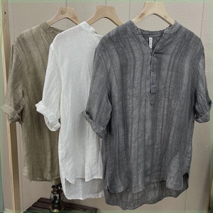 Men Casual Cotton Linen Henley Shirt Short Sleeve Retro Stand Collar Loose Fit Summer Thin Breathable Solid Color Tops