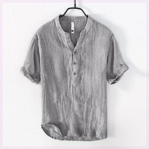 Men's casual linen short-sleeve shirt with mandarin collar and half-button placket in grey