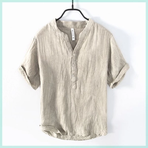 Retro linen short sleeve shirt with Henley neck and buttons in light khaki for men