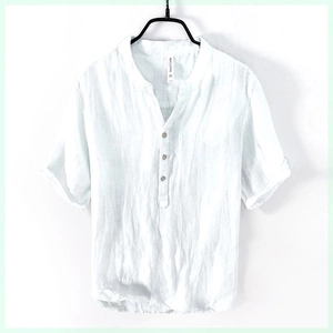 Men's relaxed white cotton linen T-shirt with stand collar and half-button placket