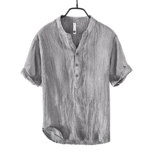 Men's casual grey linen short sleeve T-shirt with stand collar and retro style