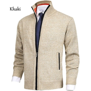 Men's khaki stand collar knit cardigan jacket with ribbed cuffs and fleece lining