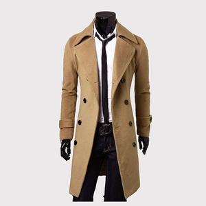 Men's double-breasted long wool pea coat in khaki with notch lapel and slim fit design