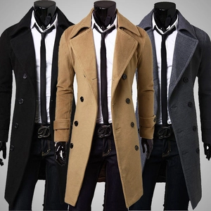 Men's Luxury Double-Breasted Long Woolen Coat Business Casual Notch Lapel Overcoat Slim Fit Cotton Blend Winter Jacket