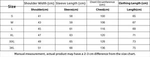Detailed size chart for men's quilted jacket with measurements for shoulder chest and length