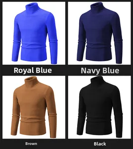 Detail view of ribbed turtleneck sweaters in royal blue, navy, brown, and black colors