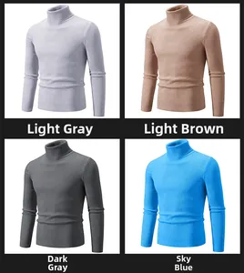 Vertical ribbed knit texture detail of slim fit turtlenecks in four distinct colors