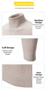 Detail of ribbed knit neckline and elastic cuffs on a beige turtleneck sweater
