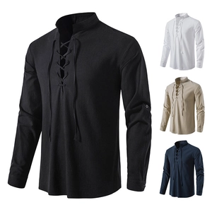 Men's cotton linen Henley shirt with lace-up V-neck and long sleeves in solid colors