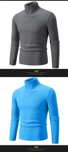 Detailed view of ribbed texture on men high-neck sweaters in dark grey and bright blue