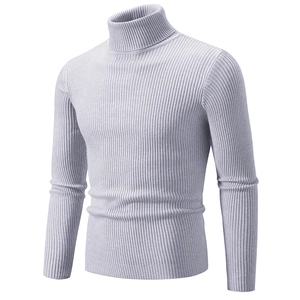 Slim fit men's turtleneck knit sweater in light grey with vertical ribbed texture detail