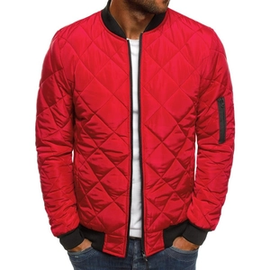 Men's bright red diamond quilted bomber jacket with black ribbed collar and sleeve pocket