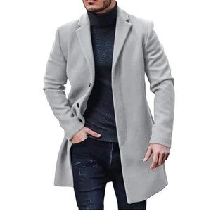 Men's single-breasted wool overcoat in light grey with notch lapel and mid-length cut