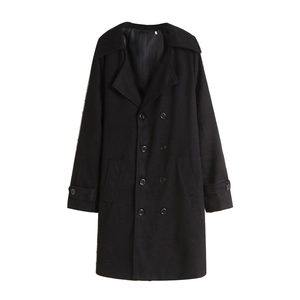 Classic men's double-breasted black wool coat with lapel collar and mid-length fit