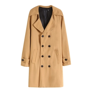 Classic camel double-breasted wool blend coat with lapel collar and slim fit design