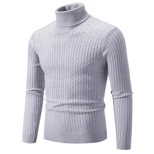 Slim fit light grey cable-knit turtleneck sweater for men featuring premium texture