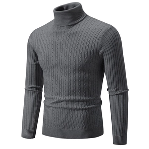 Classic grey cable-knit men's turtleneck sweater with ribbed cuffs and slim fit style