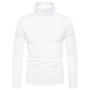 White long-sleeve turtleneck sweatshirt for men, slim fit cotton fleece basic pullover