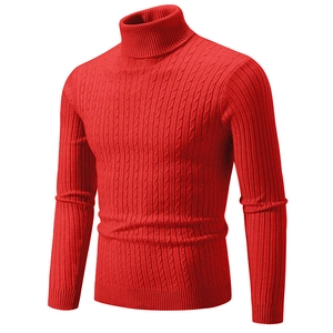 Men's red turtleneck cable knit sweater featuring a slim fit design and classic texture