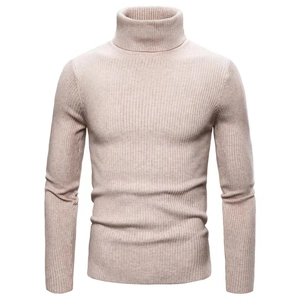 Maglione da uomo a collo alto beige, vestibilità slim con trama a coste verticali