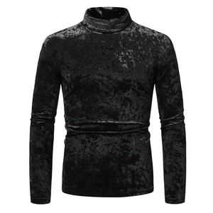 Close-up of black velvet fabric texture on a slim-fit men's turtleneck long sleeve top