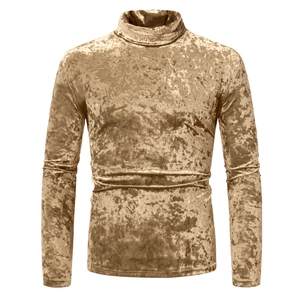 Slim fit men's turtleneck long sleeve t-shirt in shiny golden crushed velvet fabric