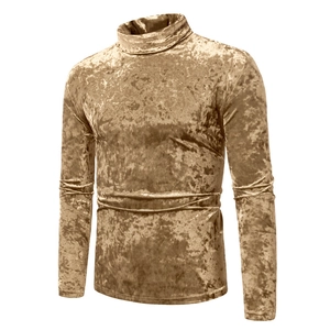 Men's golden velvet turtleneck long sleeve shirt with embossed texture and slim fit