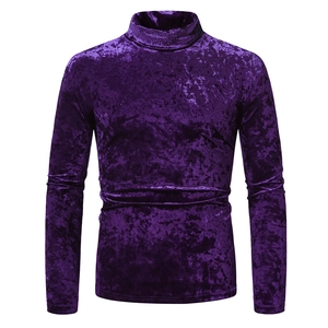 Slim fit men's dark purple velvet long sleeve mock neck T-shirt on white background