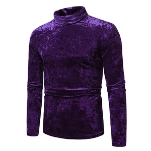 Men's slim fit purple turtleneck long sleeve shirt in premium velvet fabric