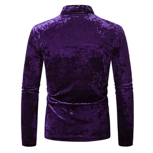 Detailed view of the purple velvet slim fit long sleeve turtleneck shirt with rich texture