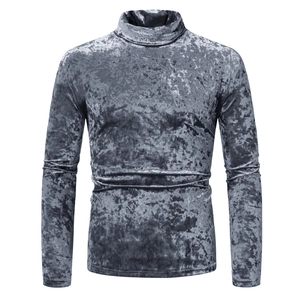 Slim fit men's crushed velvet turtleneck long sleeve shirt in shimmering silver-grey