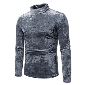 Men's silver velvet slim fit turtleneck long sleeve t-shirt top in metallic grey velvet