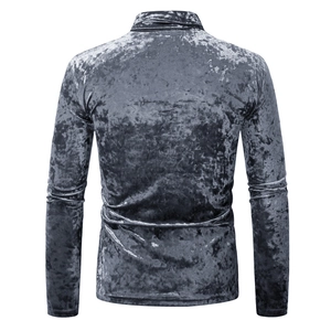 Detailed view of silver-grey velvet texture on men's slim fit turtleneck shirt back