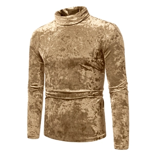 Men Slim Fit Crushed Velvet Turtleneck Top Long Sleeve Metallic Luster Solid Color T-Shirt Retro Autumn Winter Pullover