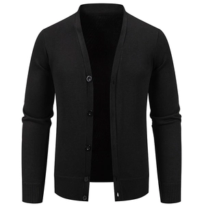 Close-up of the ribbed cuff and black knit texture on this men's V-neck cardigan