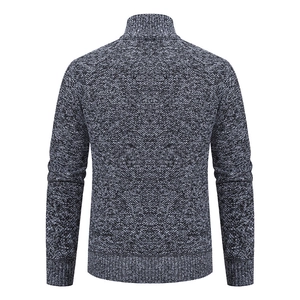 Detailed back view of a men's heavy knit cardigan with ribbed cuffs and thick grey texture