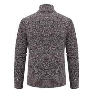 Detail view of heather brown knit sweater back featuring ribbed collar and fine texture