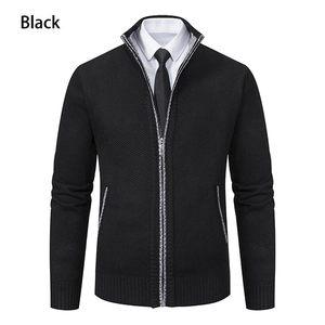 Detail of black men's knit cardigan with standing collar, zipper, and ribbed cuffs