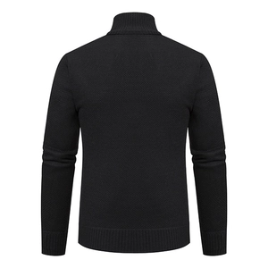 Rear view of black knit sweater featuring a high neck and ribbed cuffs and hem detail