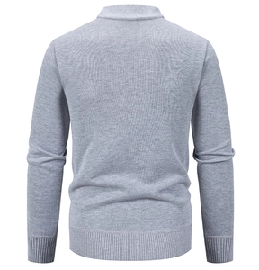 Detail view of men's grey knit cardigan featuring ribbed hem and cuffs on a back view