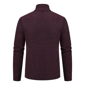 Detailed back view of men's burgundy and black knit jacket with ribbed stand collar and hem