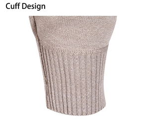 Macro shot of the ribbed cuff design on an oatmeal-colored knit cardigan sweater