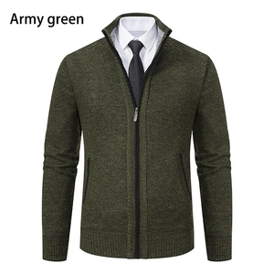 Detail of army green knit cardigan showing textured square pattern and stand collar zipper