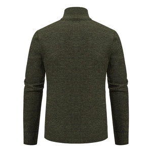 Back view of men's olive green knit cardigan with textured diamond pattern and ribbed trim