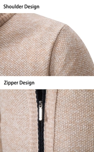 Detail view of the beige knitted cardigan showing shoulder texture and metal zipper