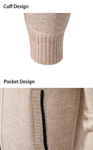 Detail of ribbed cuff and side pocket with black contrast trim on beige knit jacket