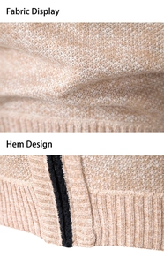 Detail of khaki knit fabric featuring a textured grid pattern and ribbed hem with stripes